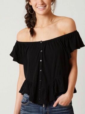 We The Free Black Off-Shoulder Ruffle Button-Front Top